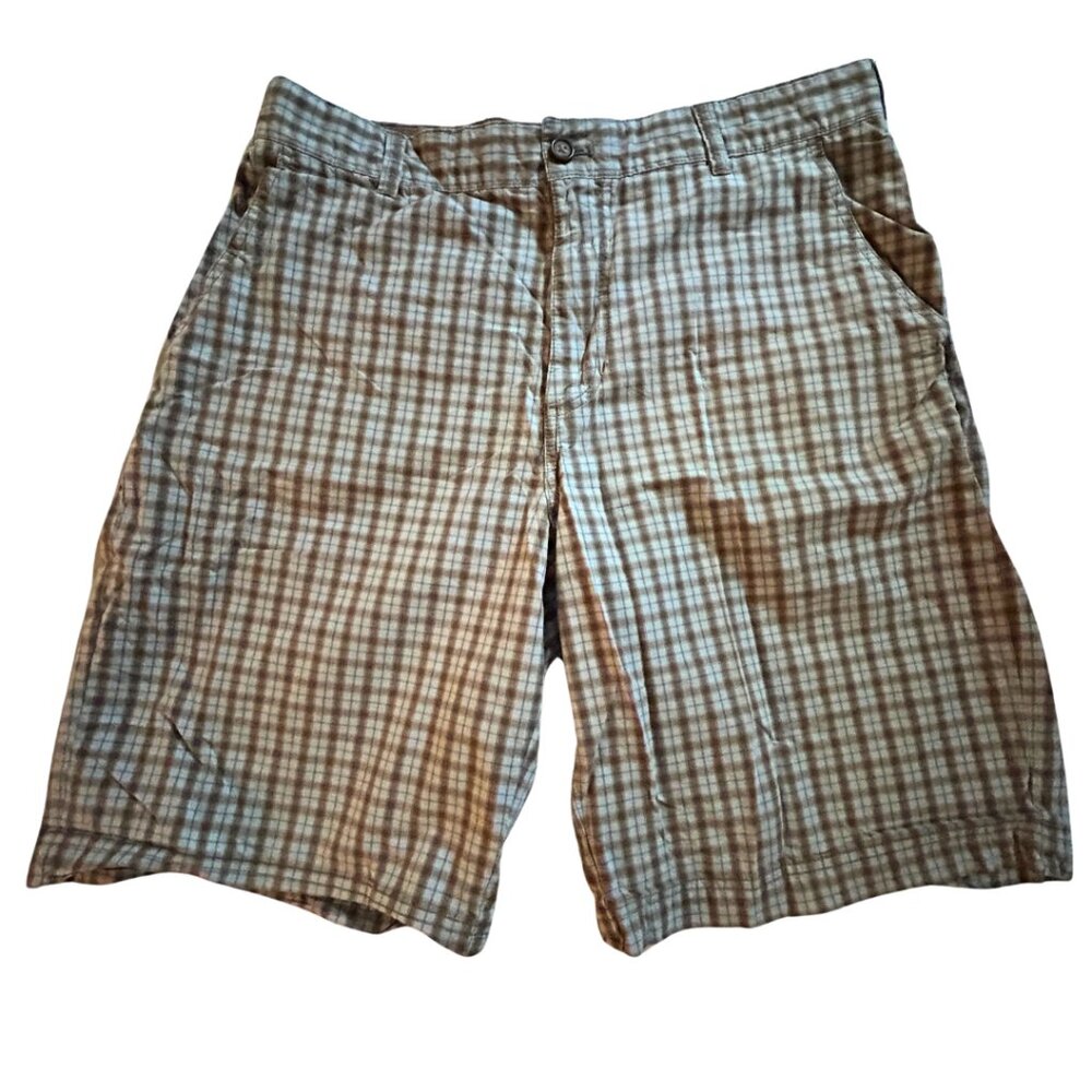 Golf Shorts Men Tan Brown Beige Plaid 9" Inseam Preppy Flat Front IZOD Size 34